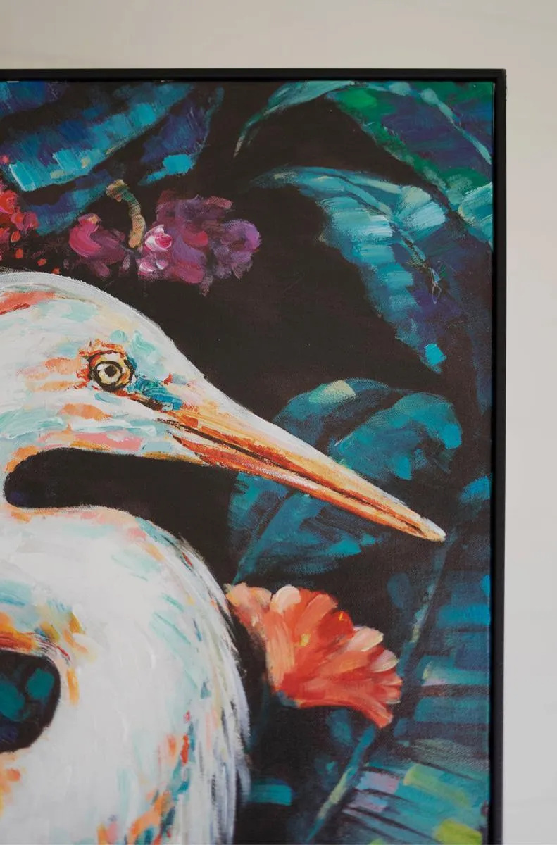Framed Heron Oil Painting with Flowers