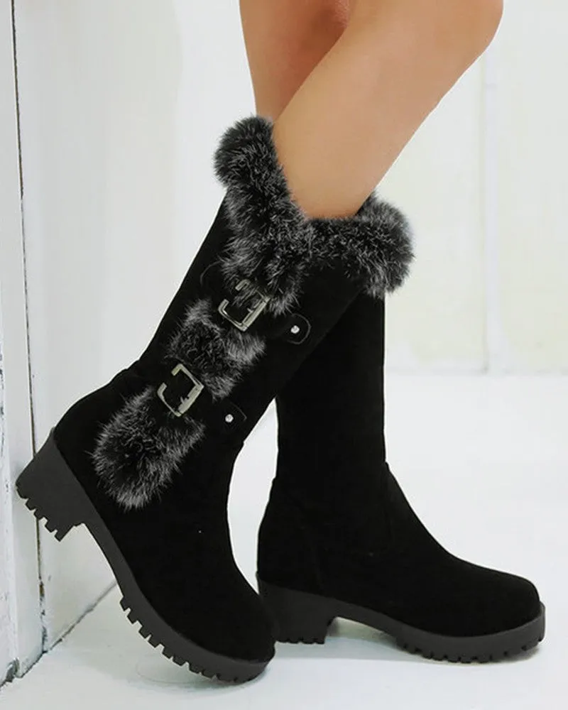 Fuzzy Detail Buckled Lined Calf Snow Boots