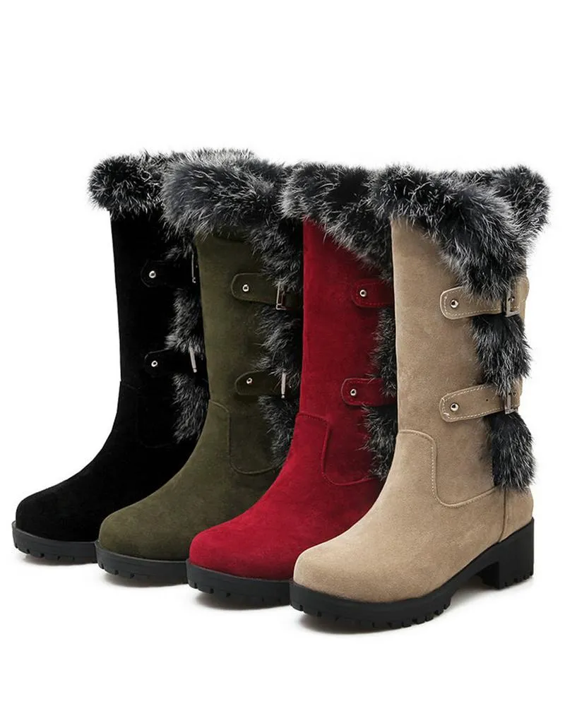 Fuzzy Detail Buckled Lined Calf Snow Boots