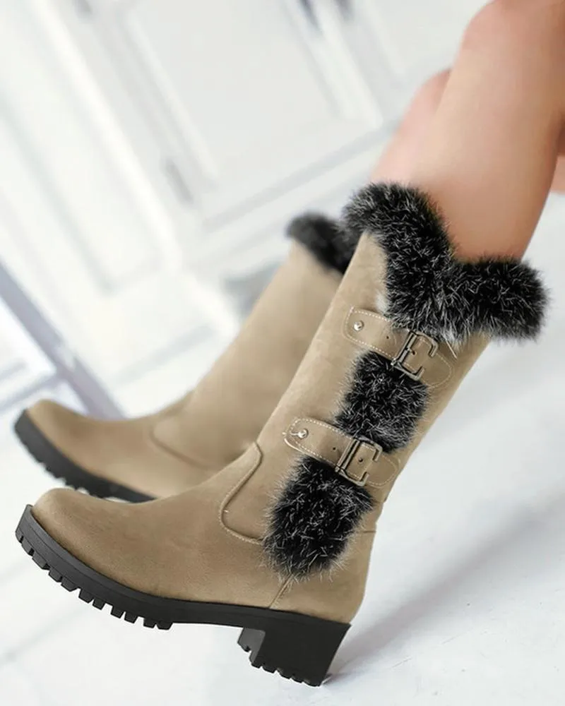 Fuzzy Detail Buckled Lined Calf Snow Boots
