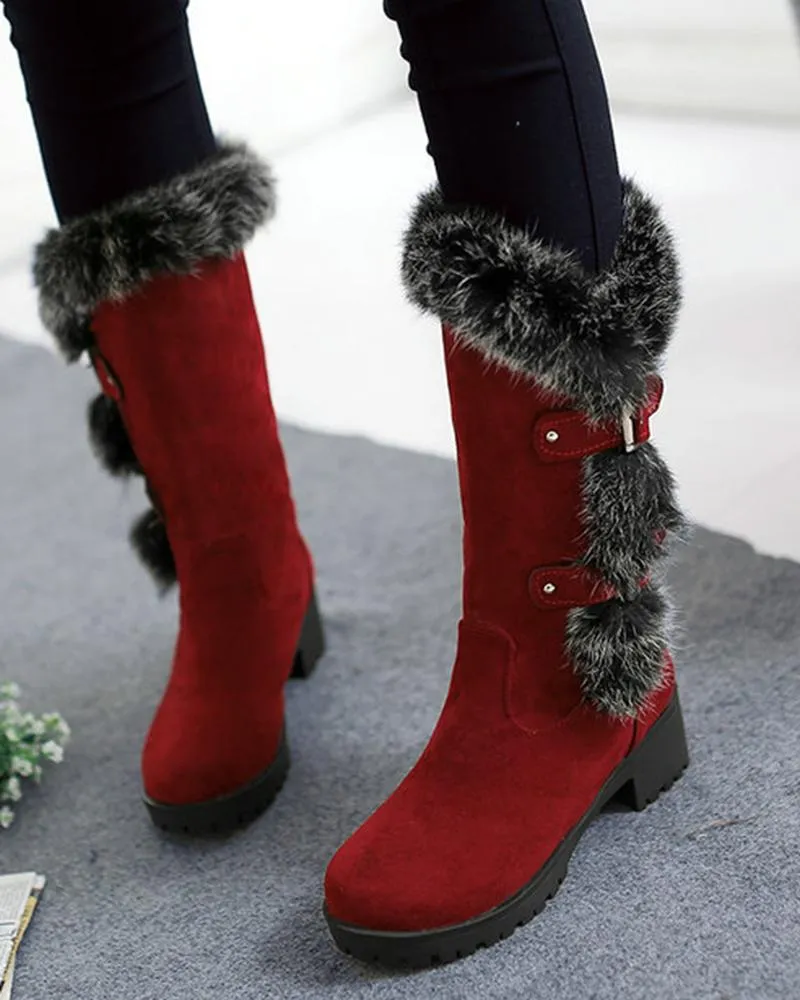 Fuzzy Detail Buckled Lined Calf Snow Boots
