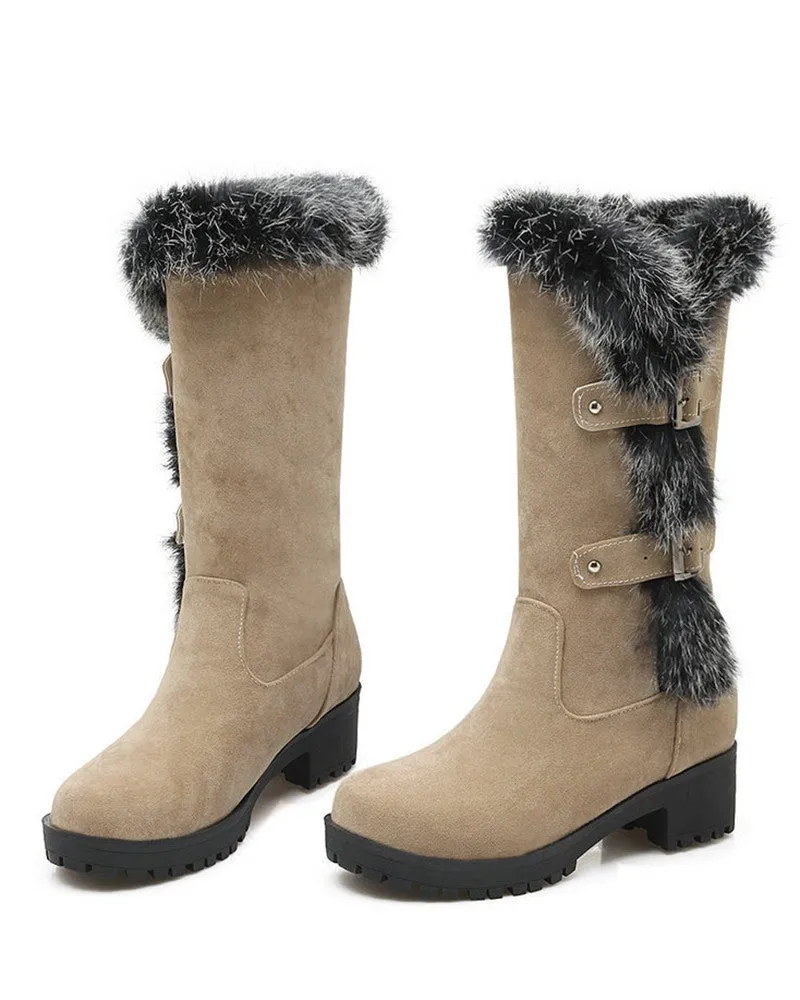 Fuzzy Detail Buckled Lined Calf Snow Boots