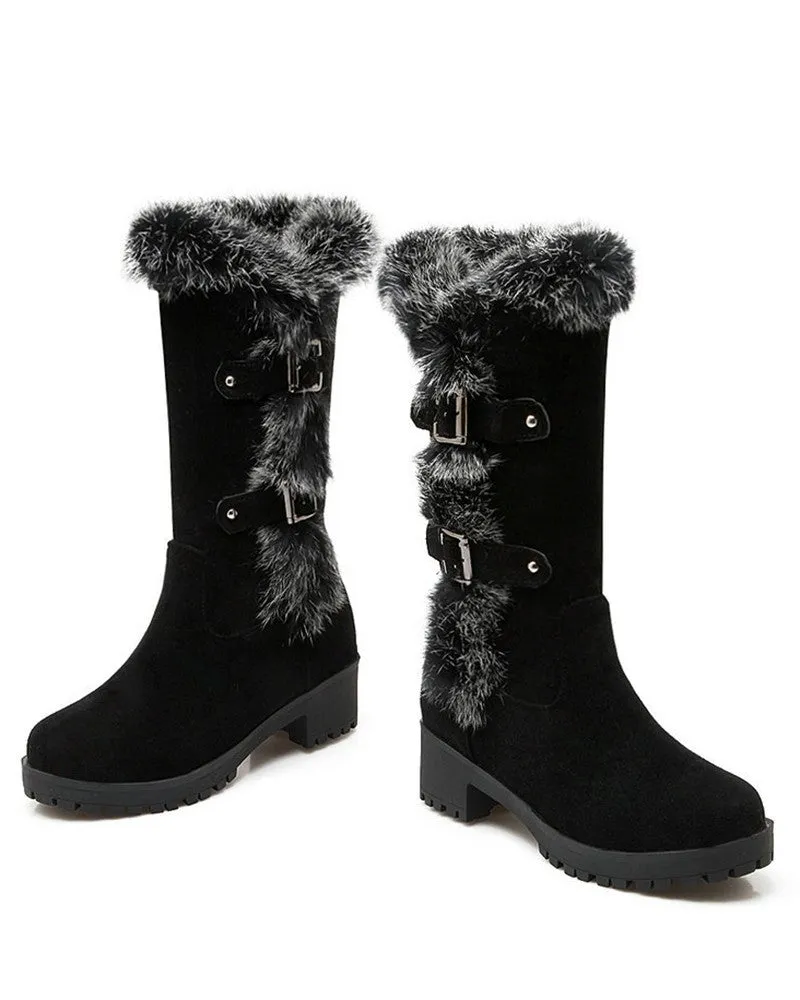 Fuzzy Detail Buckled Lined Calf Snow Boots