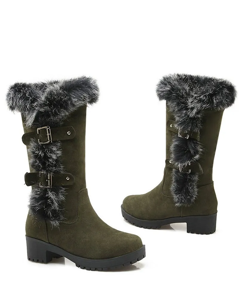 Fuzzy Detail Buckled Lined Calf Snow Boots