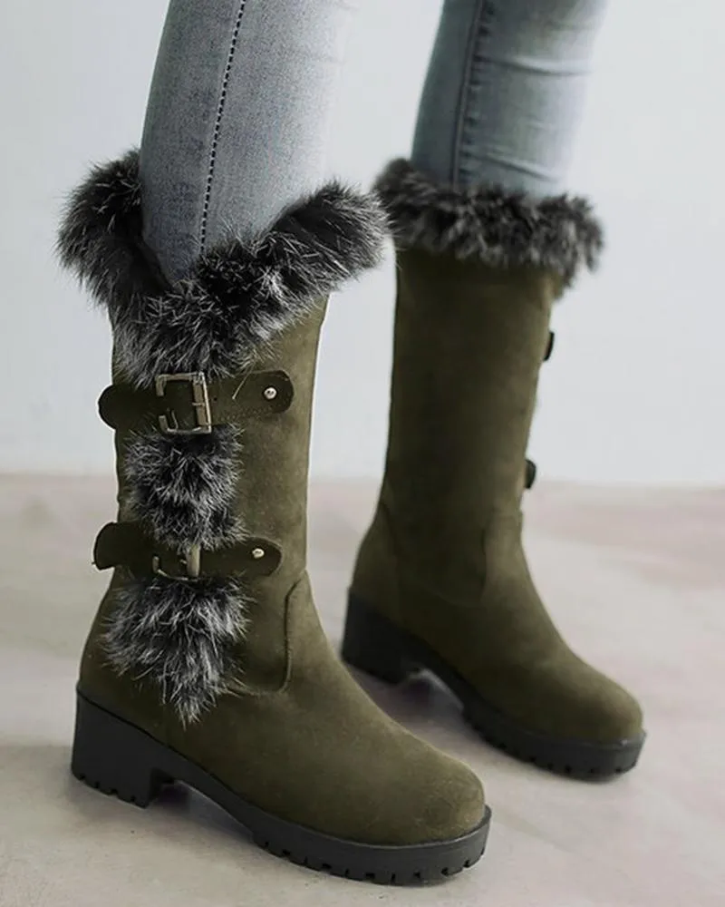 Fuzzy Detail Buckled Lined Calf Snow Boots