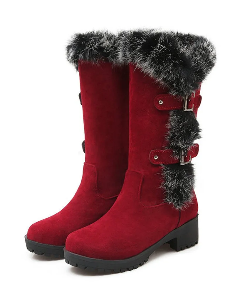 Fuzzy Detail Buckled Lined Calf Snow Boots