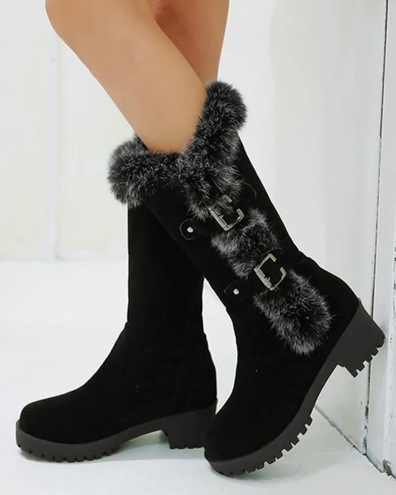 Fuzzy Detail Buckled Lined Calf Snow Boots