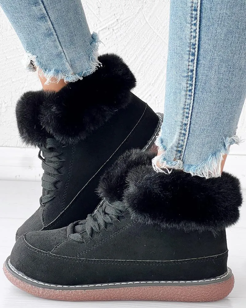 Fuzzy Detail Lined Lace up Snow Boots