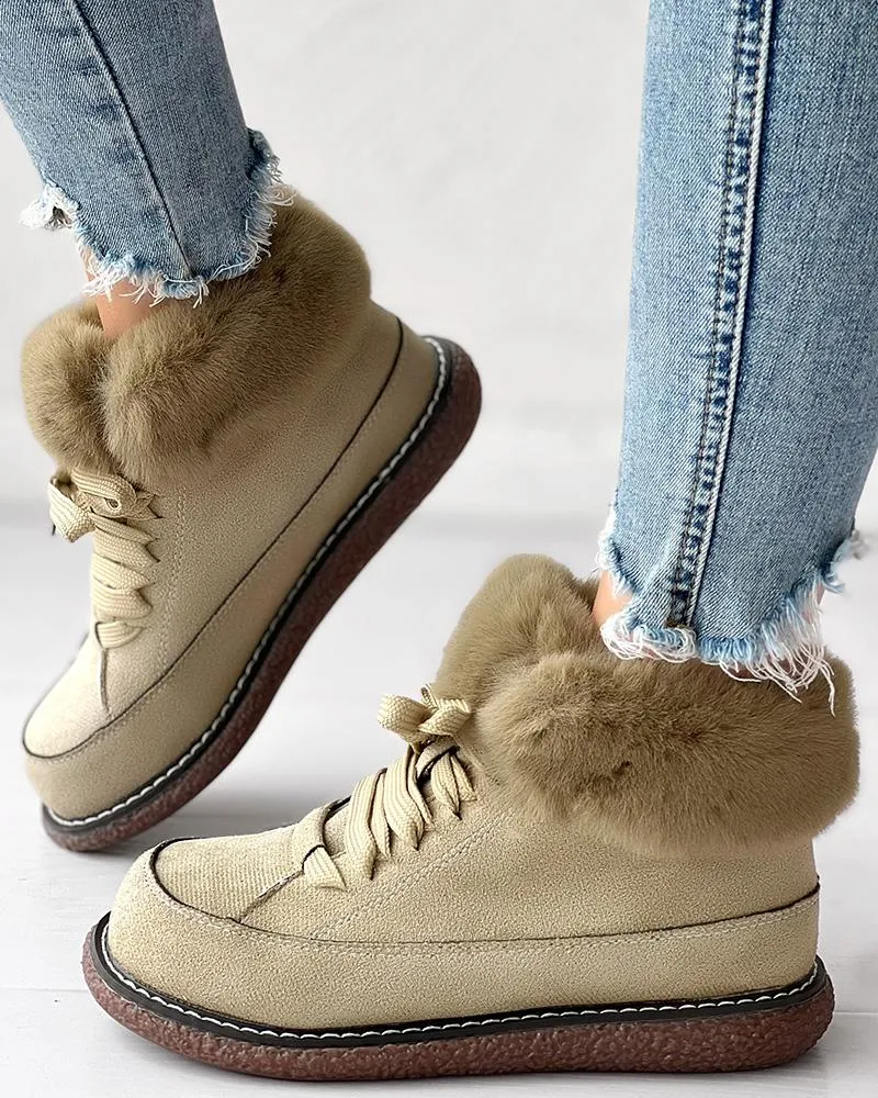 Fuzzy Detail Lined Lace up Snow Boots