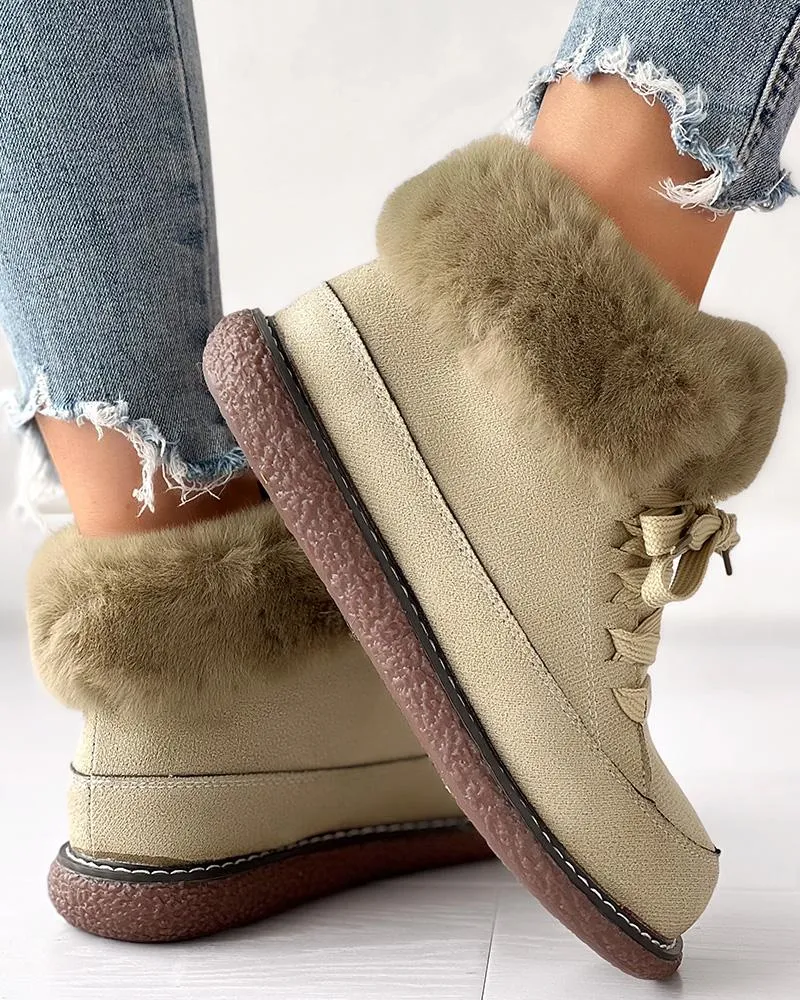 Fuzzy Detail Lined Lace up Snow Boots