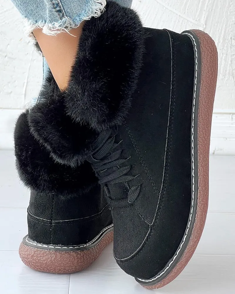 Fuzzy Detail Lined Lace up Snow Boots