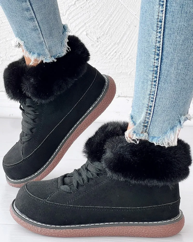 Fuzzy Detail Lined Lace up Snow Boots