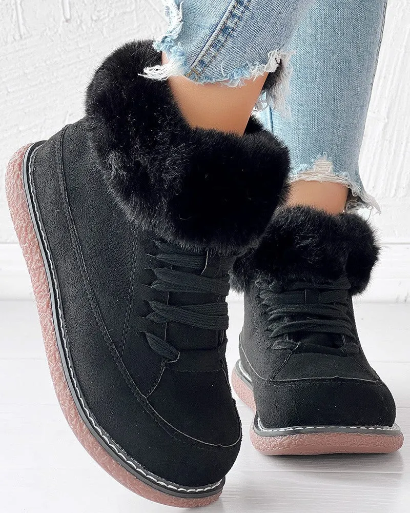 Fuzzy Detail Lined Lace up Snow Boots