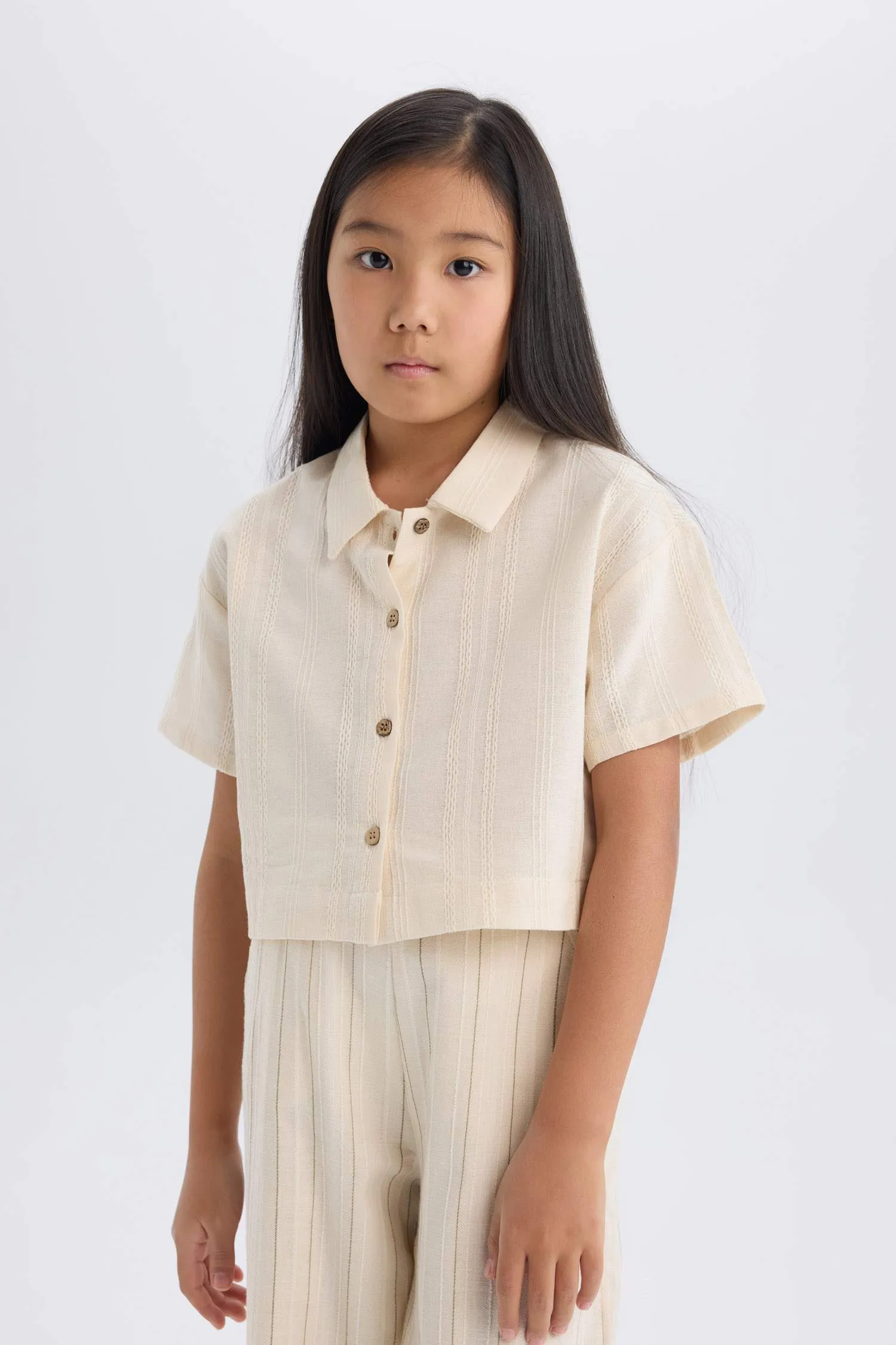 Girl Crop Short Sleeve Linen Shirt