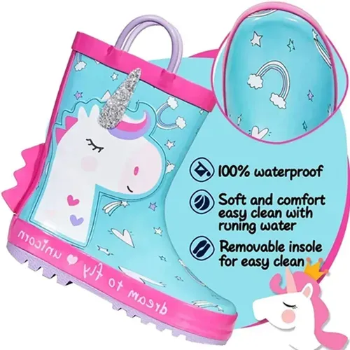 Girl Rain Boots Rubber Princess Unicorn Kids Shoes - KKOMFORME