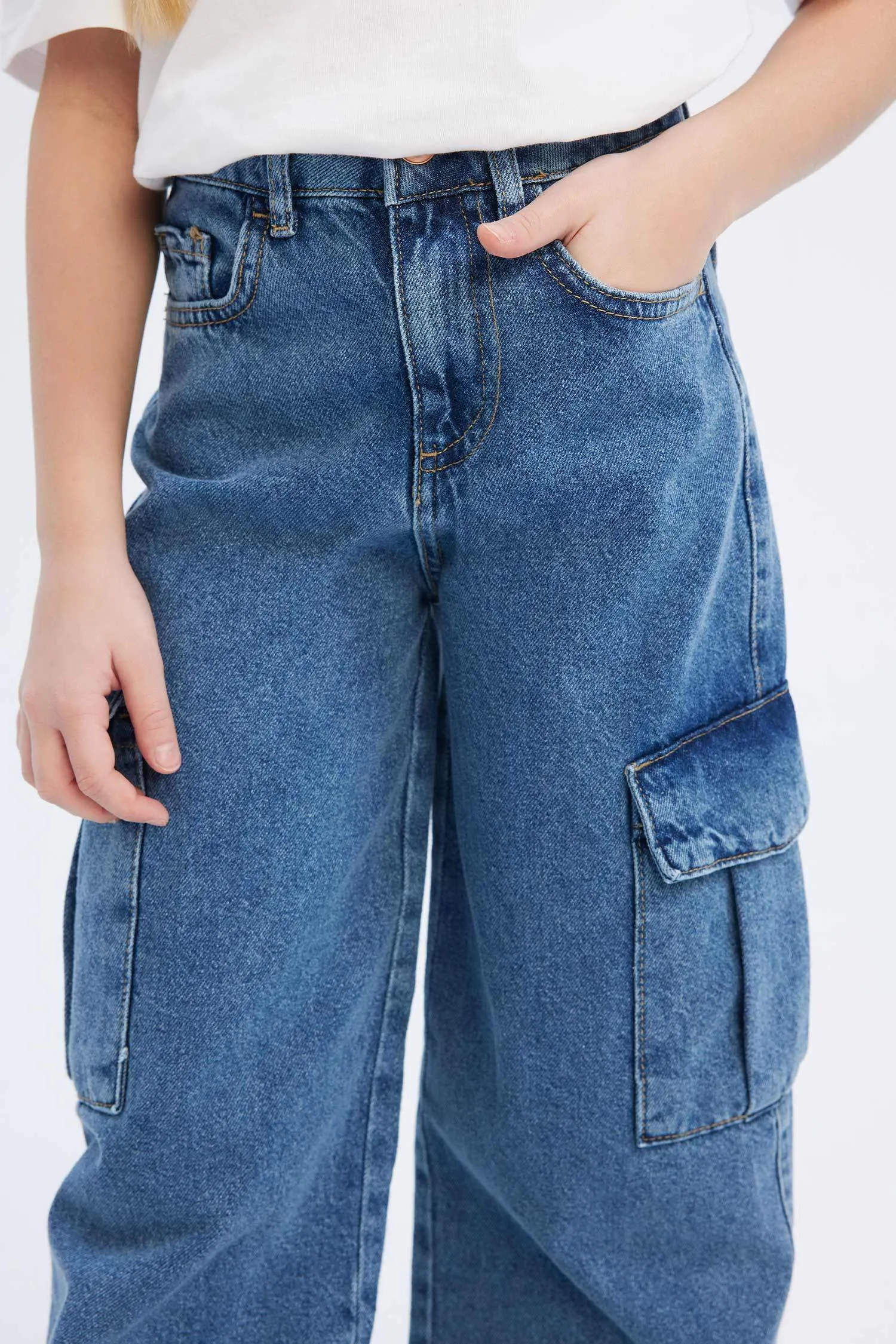 Girl Wide Leg Cotton Cargo Jeans