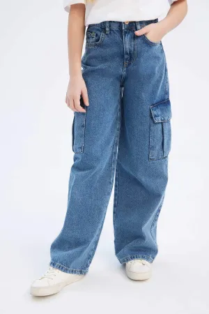 Girl Wide Leg Cotton Cargo Jeans