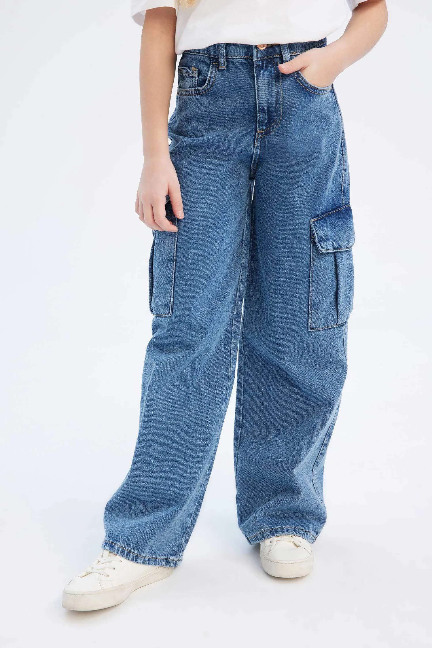 Girl Wide Leg Cotton Cargo Jeans