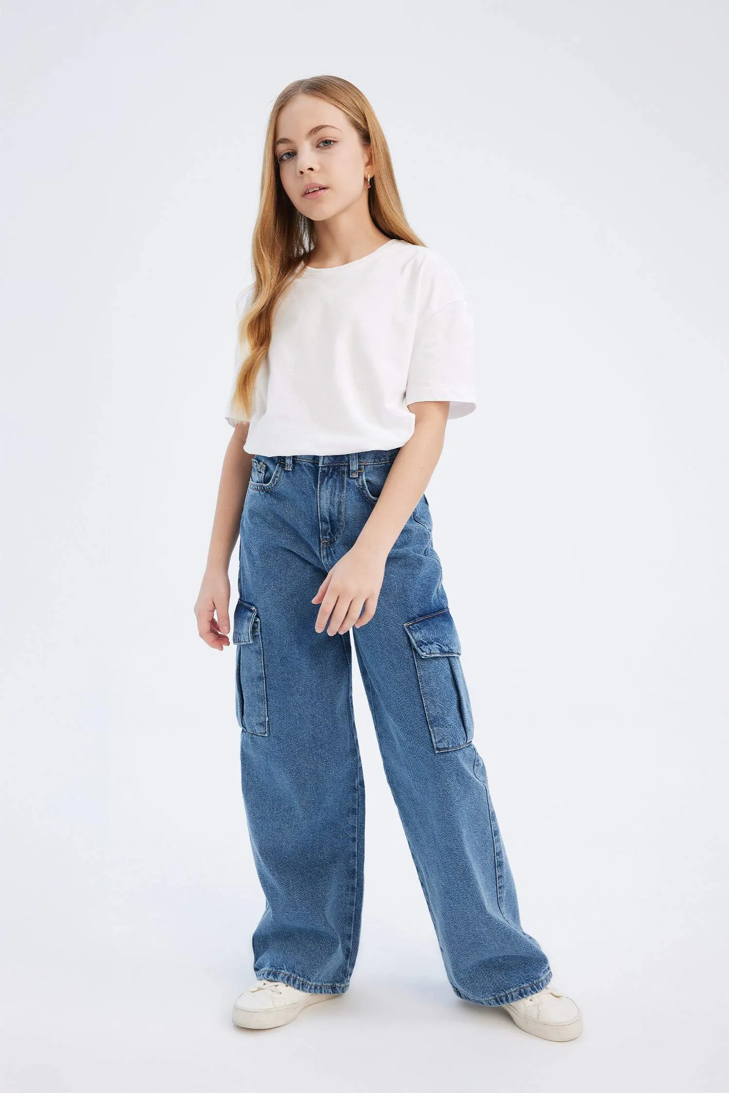 Girl Wide Leg Cotton Cargo Jeans
