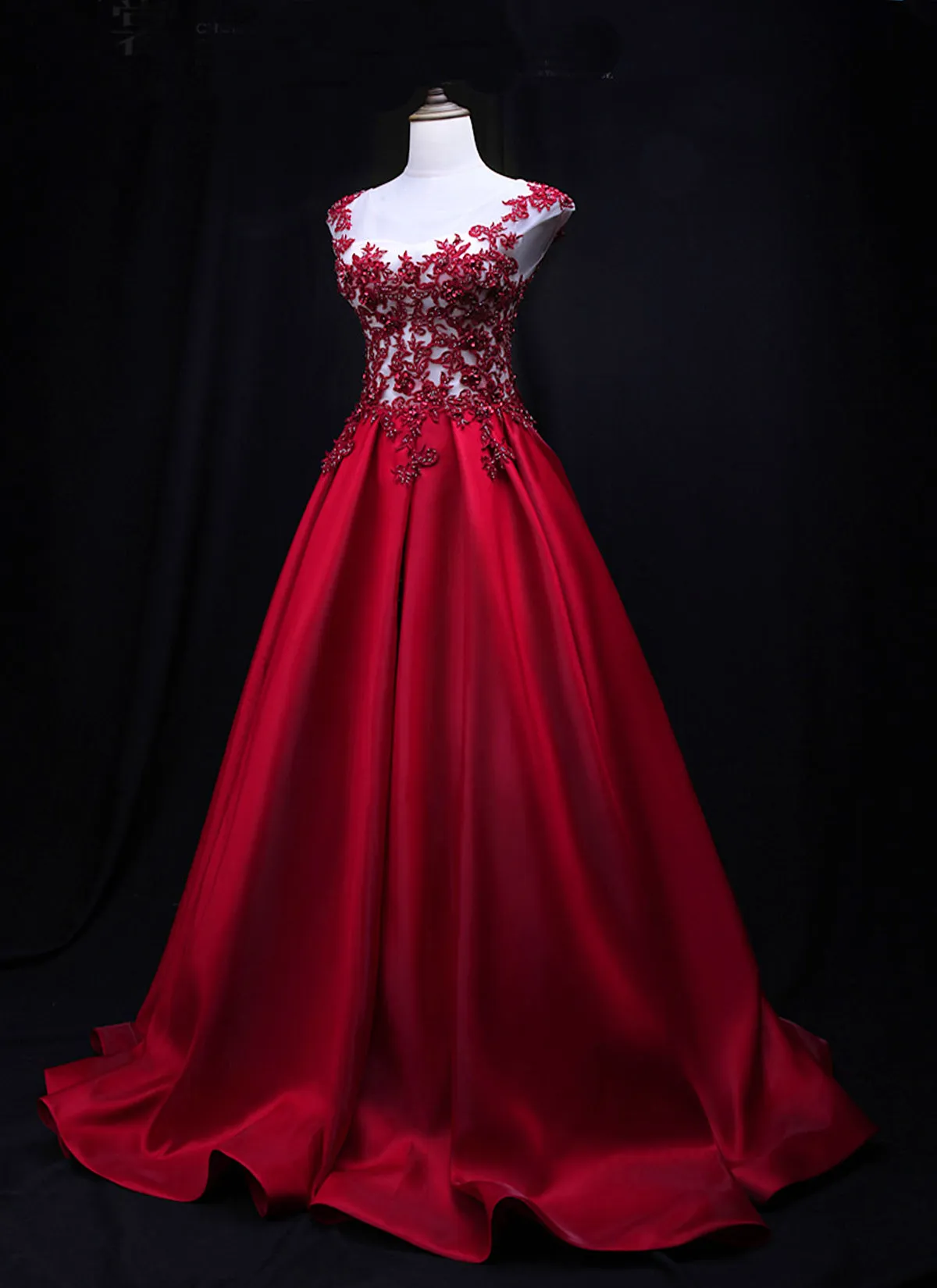 Gorgeous Dark Red Satin Long Cap Sleeves Formal Dress, Prom Dress