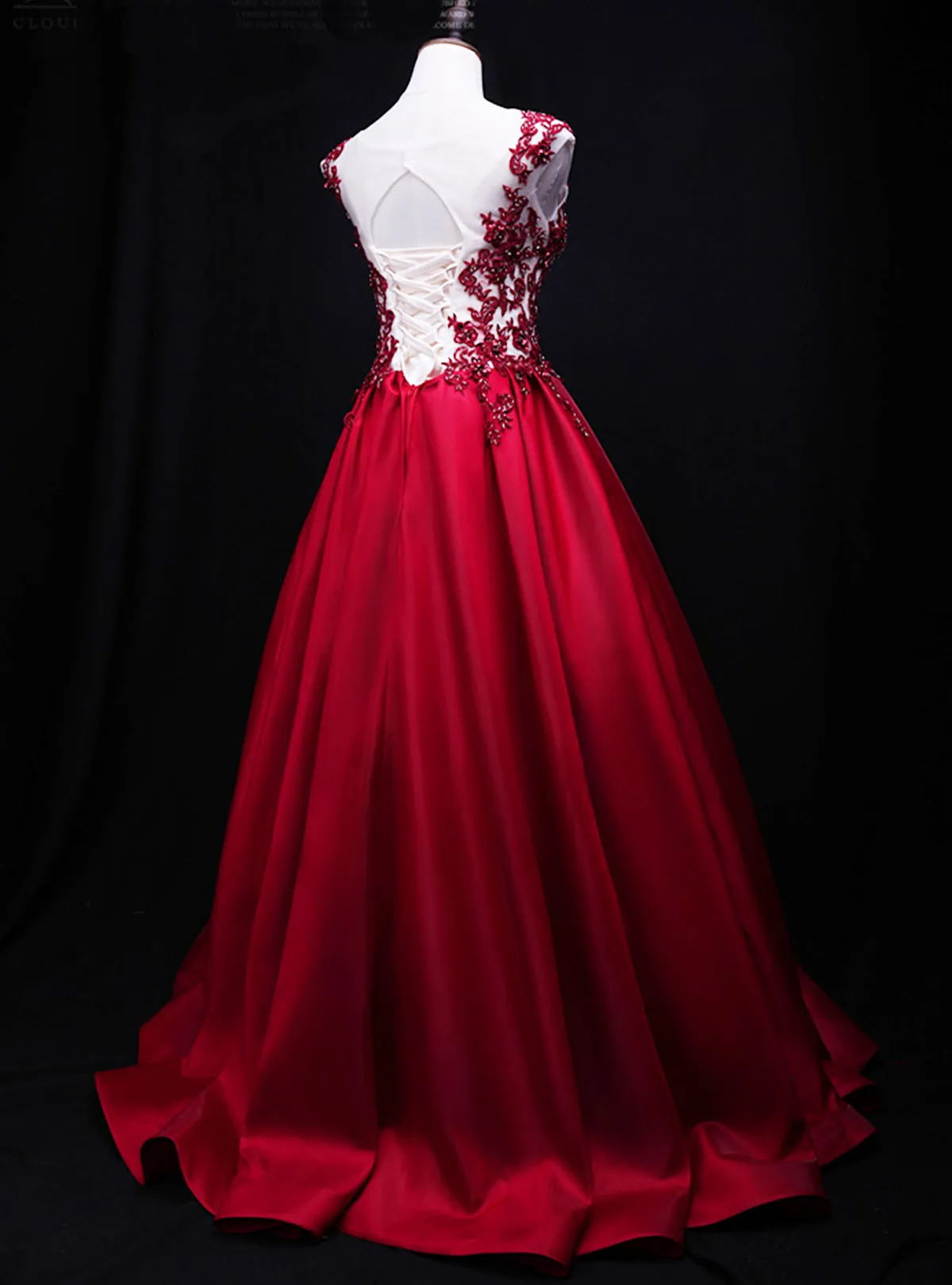 Gorgeous Dark Red Satin Long Cap Sleeves Formal Dress, Prom Dress