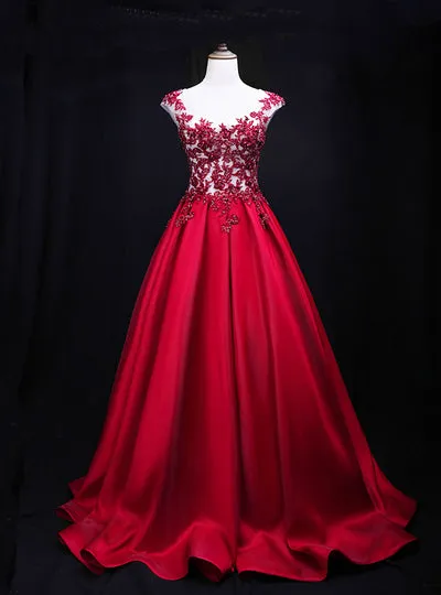 Gorgeous Dark Red Satin Long Cap Sleeves Formal Dress, Prom Dress
