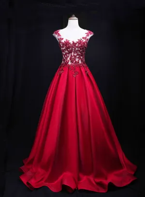 Gorgeous Dark Red Satin Long Cap Sleeves Formal Dress, Prom Dress