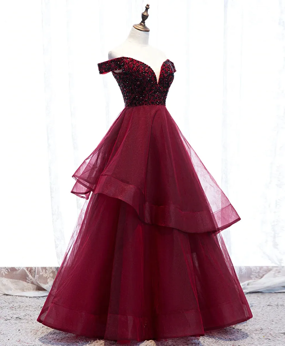 Gorgeous Tulle Wine Red Off Shoulder Party Dress with Lace, Beaded Tulle Evening Dresses