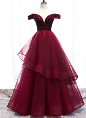 Gorgeous Tulle Wine Red Off Shoulder Party Dress with Lace, Beaded Tulle Evening Dresses
