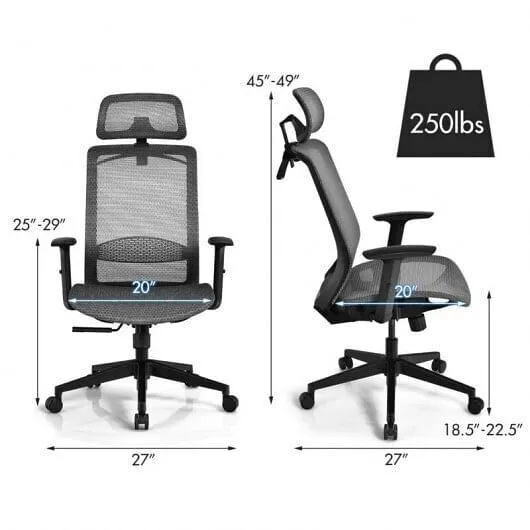Height Adjustable Ergonomic High Back Mesh Office Chair with Hange-Gray - Color: