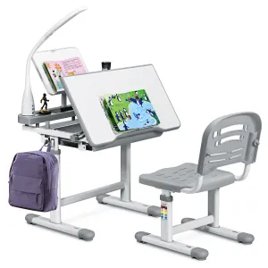 Height Adjustable Tilting Study Desk & Ergonomic Chair | Grey | 3-12 Years