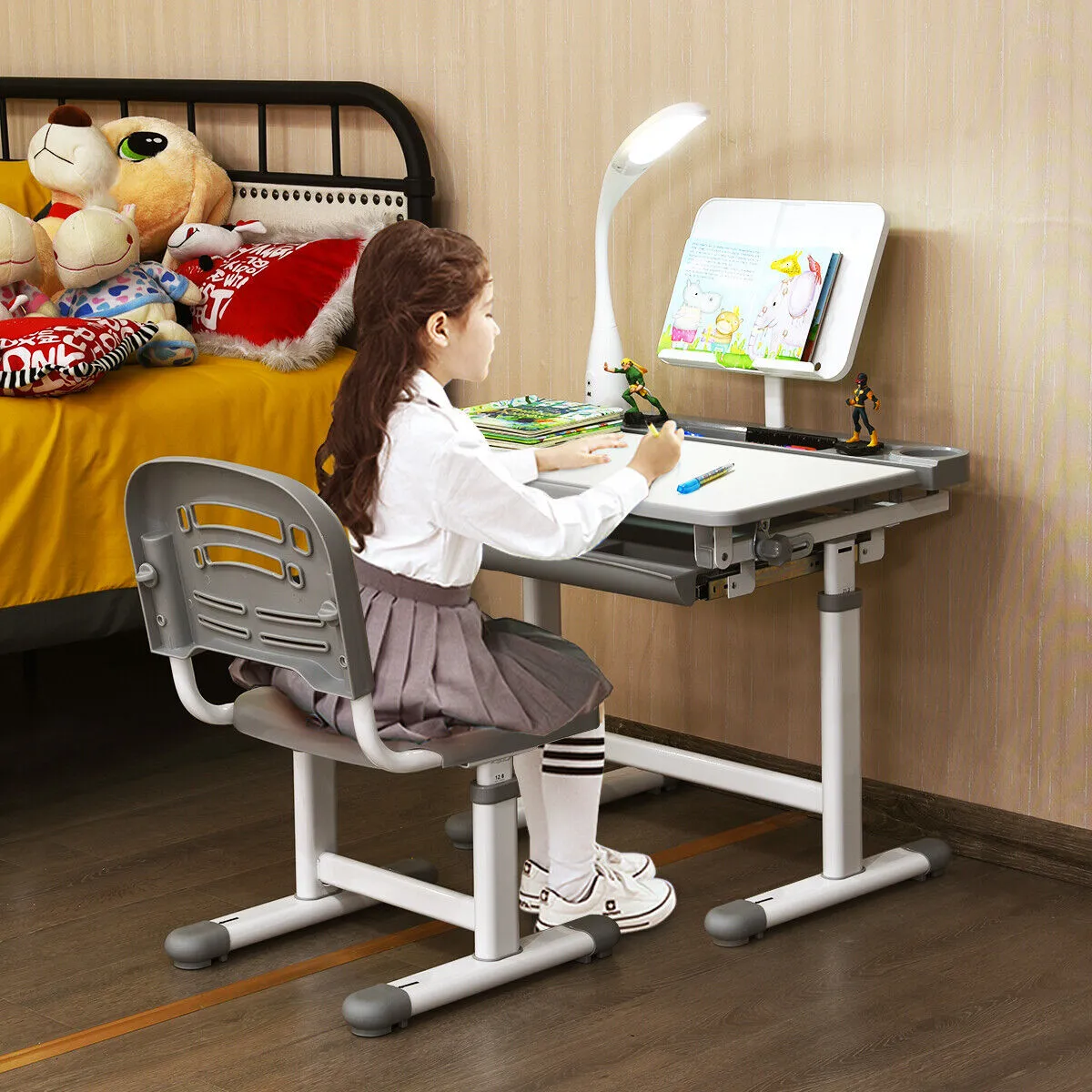 Height Adjustable Tilting Study Desk & Ergonomic Chair | Grey | 3-12 Years