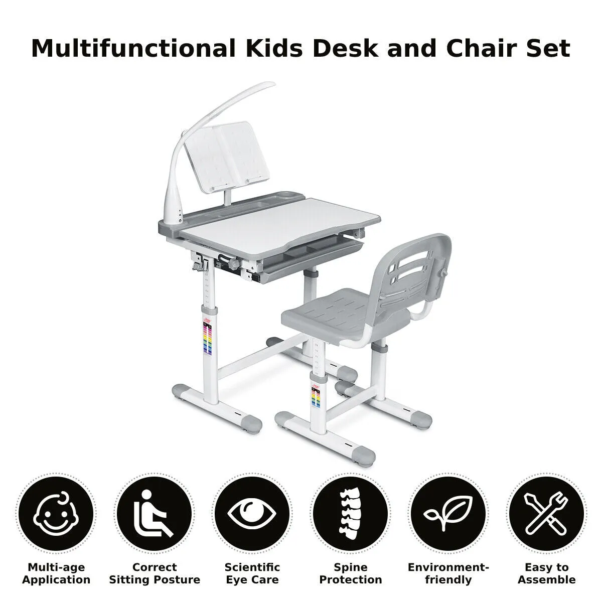 Height Adjustable Tilting Study Desk & Ergonomic Chair | Grey | 3-12 Years