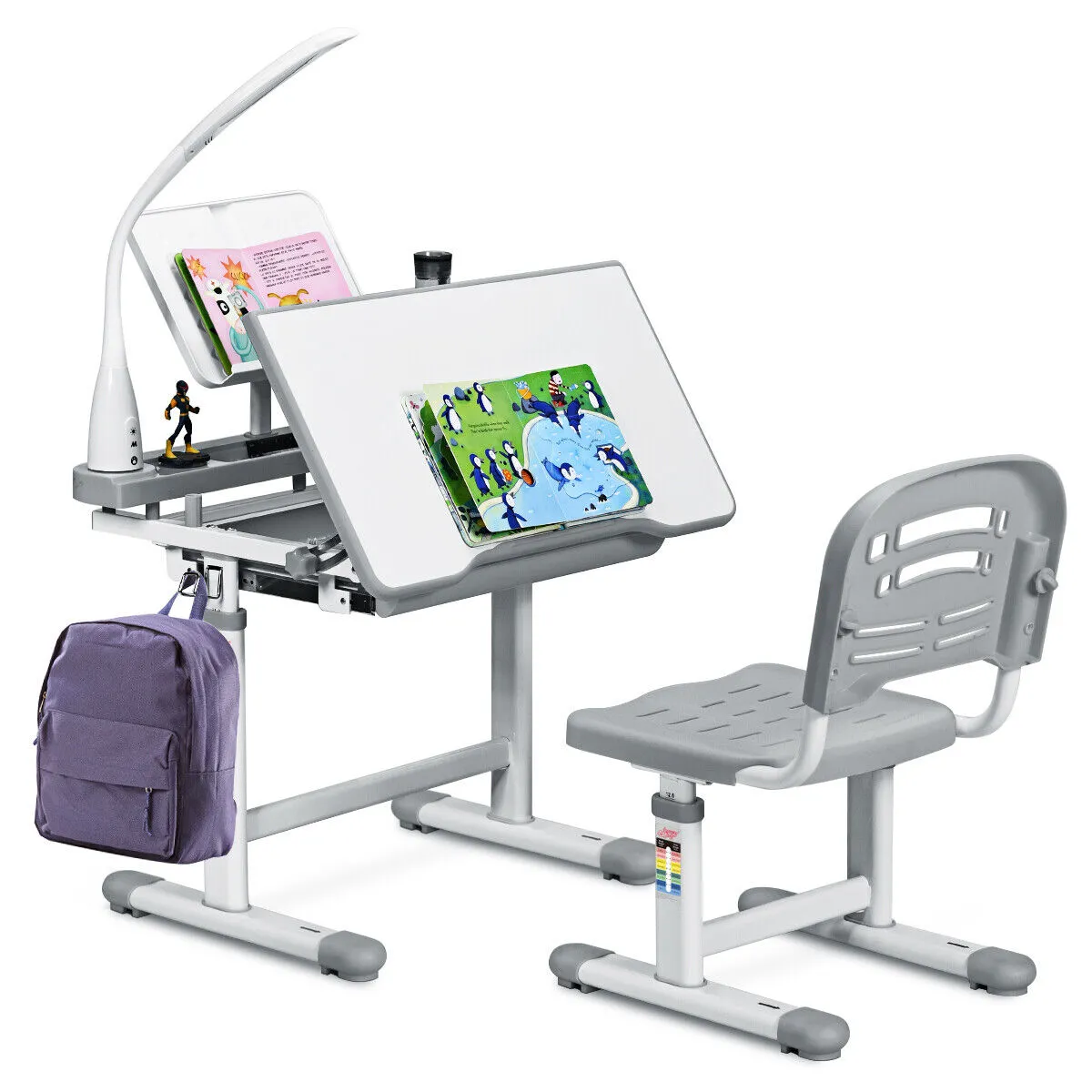 Height Adjustable Tilting Study Desk & Ergonomic Chair | Grey | 3-12 Years