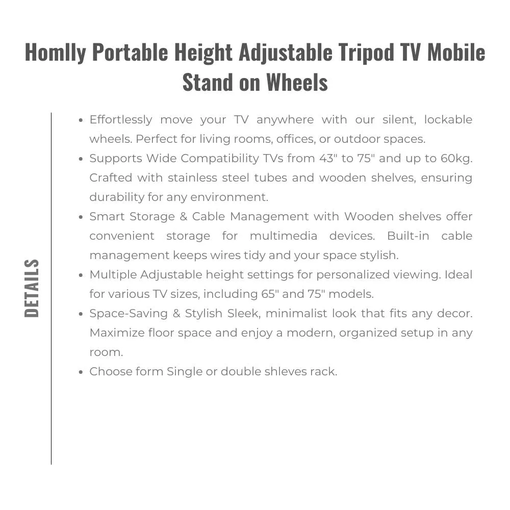 Homlly Portable Height Adjustable Tripod TV Mobile Stand on Wheels