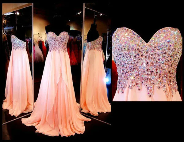 Hot Pink Rhinestone A-line Chiffon Sweetheart Strapless Long Prom Dresses, M314