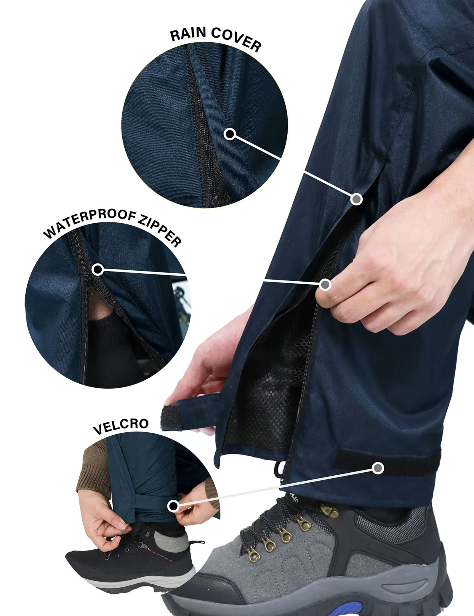 iCreek Men's Rain Pants Waterproof Over Pants Windproof Lightweight Hiking Pants Work Rain Outdoor for Golf, Fishing（Navy Blue With Zipper Pocket）