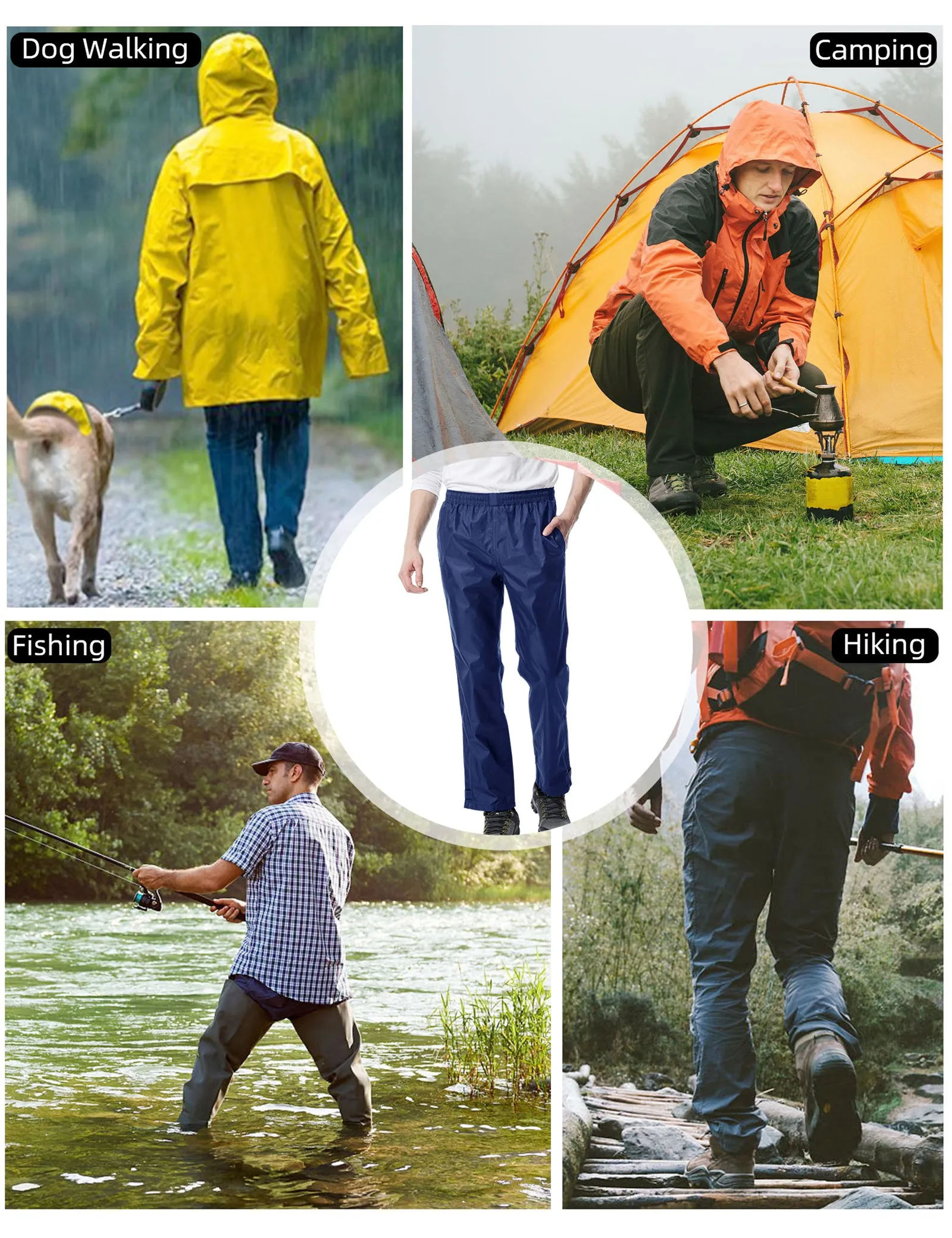 iCreek Men's Rain Pants Waterproof Over Pants Windproof Lightweight Hiking Pants Work Rain Outdoor for Golf, Fishing（Navy Blue With Zipper Pocket）