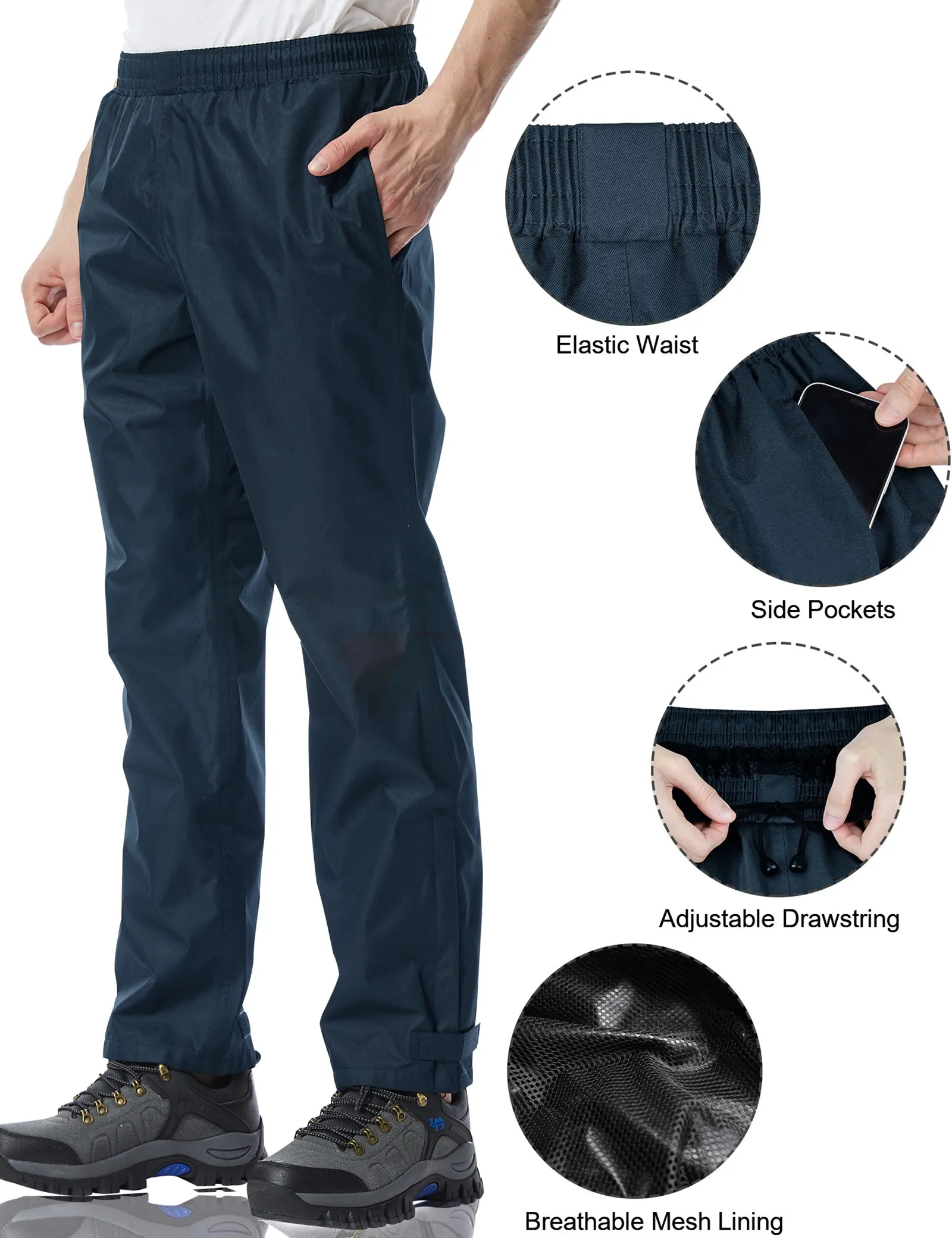 iCreek Men's Rain Pants Waterproof Over Pants Windproof Lightweight Hiking Pants Work Rain Outdoor for Golf, Fishing（Navy Blue With Zipper Pocket）