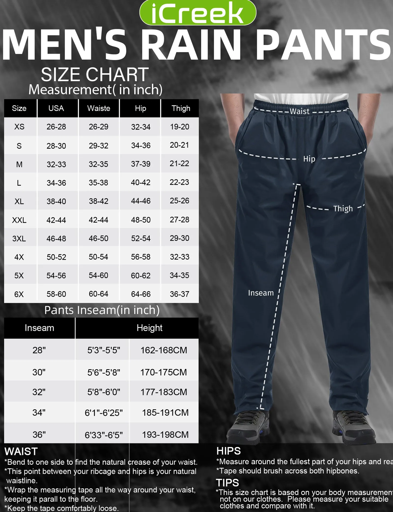 iCreek Men's Rain Pants Waterproof Over Pants Windproof Lightweight Hiking Pants Work Rain Outdoor for Golf, Fishing（Navy Blue With Zipper Pocket）