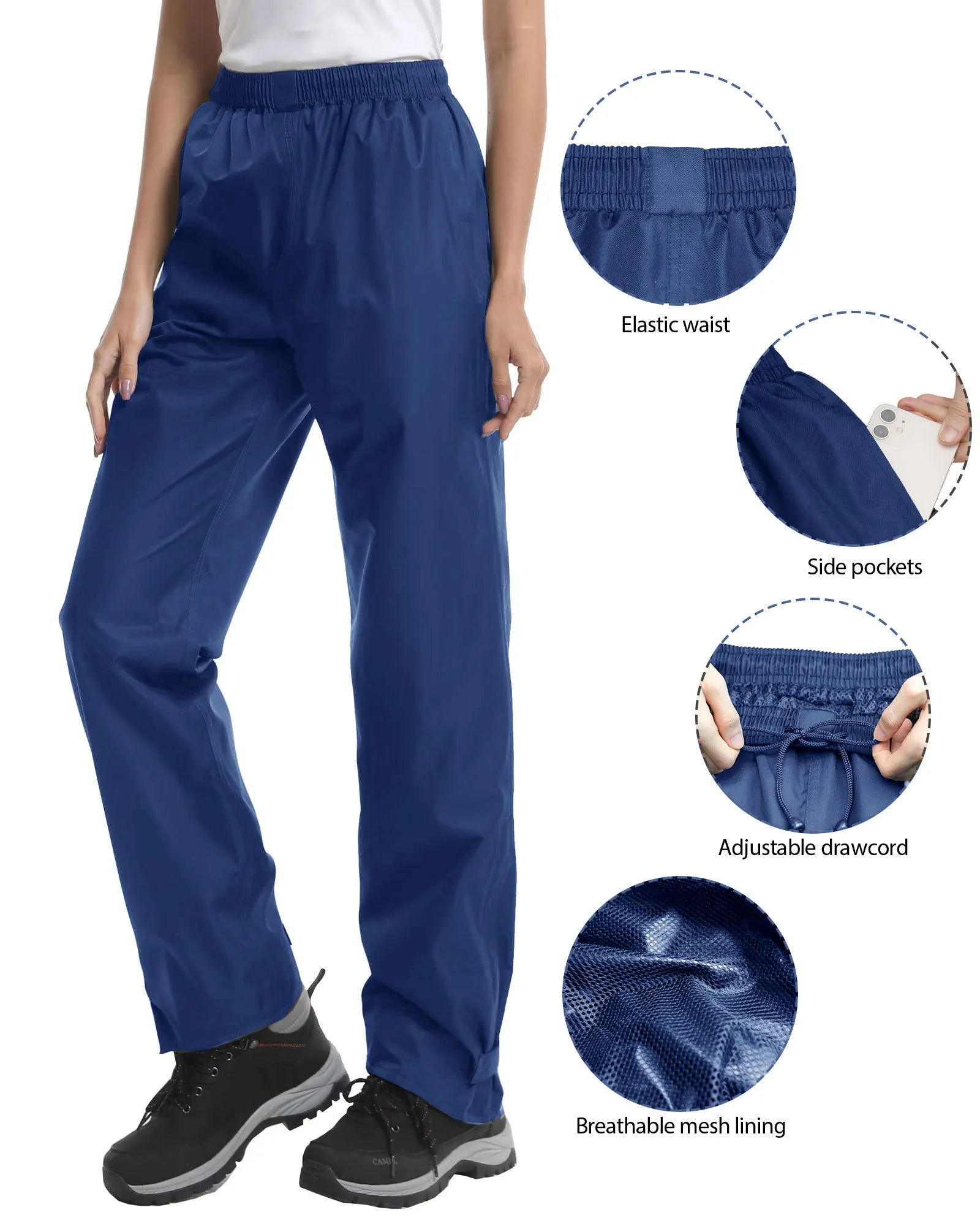 iCreek Women's Rain Pants Waterproof Hiking Pants Windproof Lightweight Over Pants Work Rain Outdoor for Golf, Fishing(Blue With Zipper Pocket)