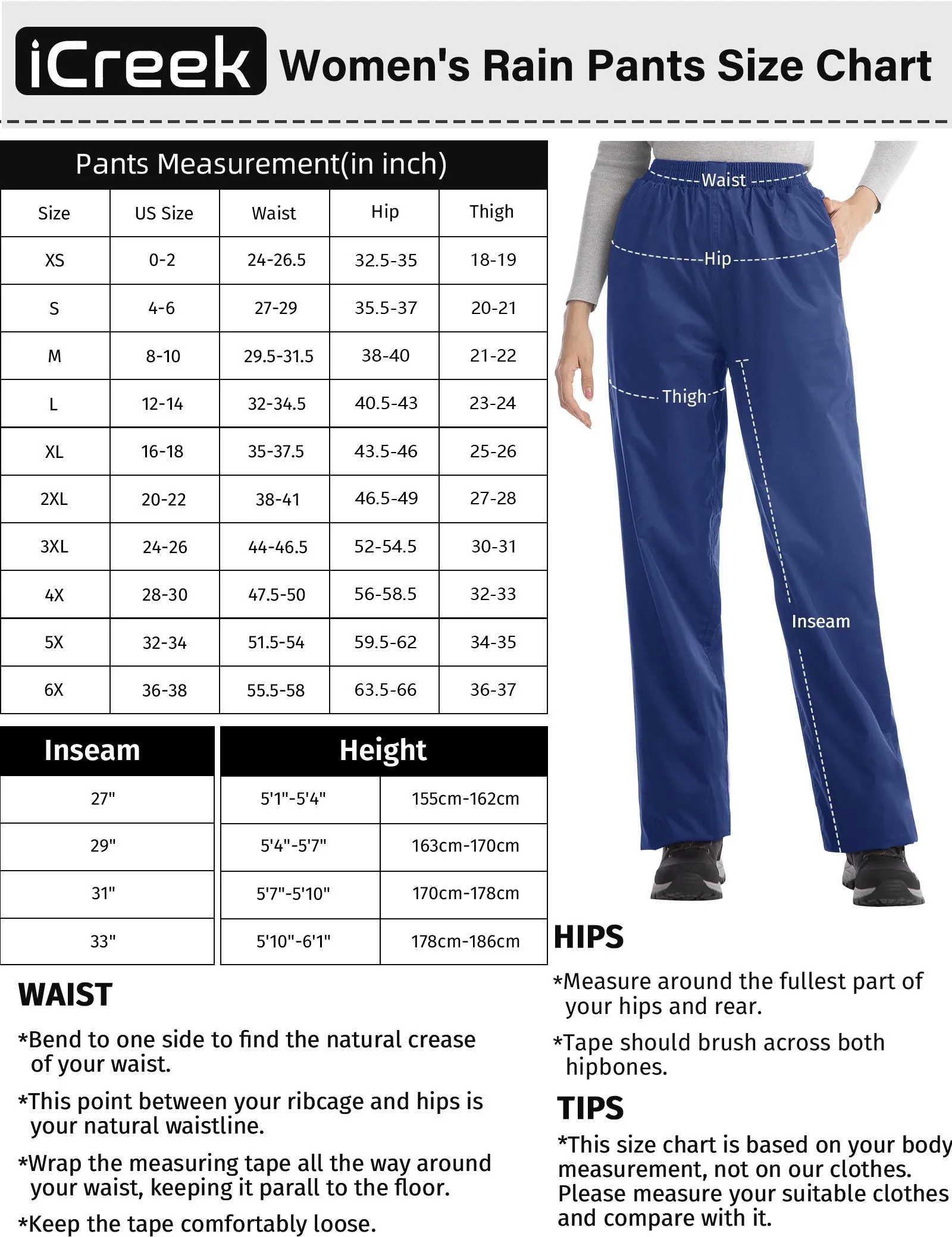 iCreek Women's Rain Pants Waterproof Hiking Pants Windproof Lightweight Over Pants Work Rain Outdoor for Golf, Fishing(Blue With Zipper Pocket)