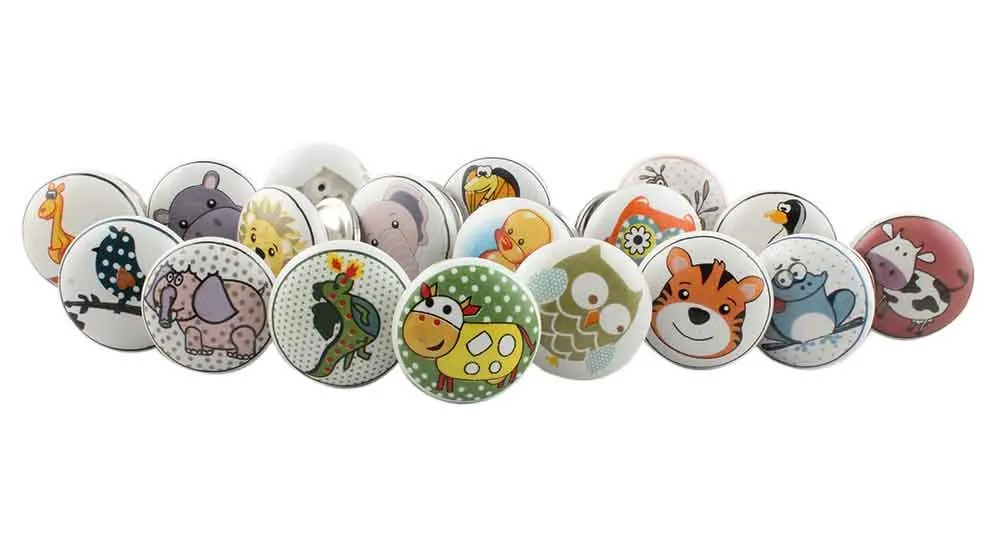 Indian-Shelf Handcrafted Ceramic Door Knob Multicolor Kid Door Pull Handle Round Flat Animal Cupboard Handles -25 Pieces(1.5 Inches)