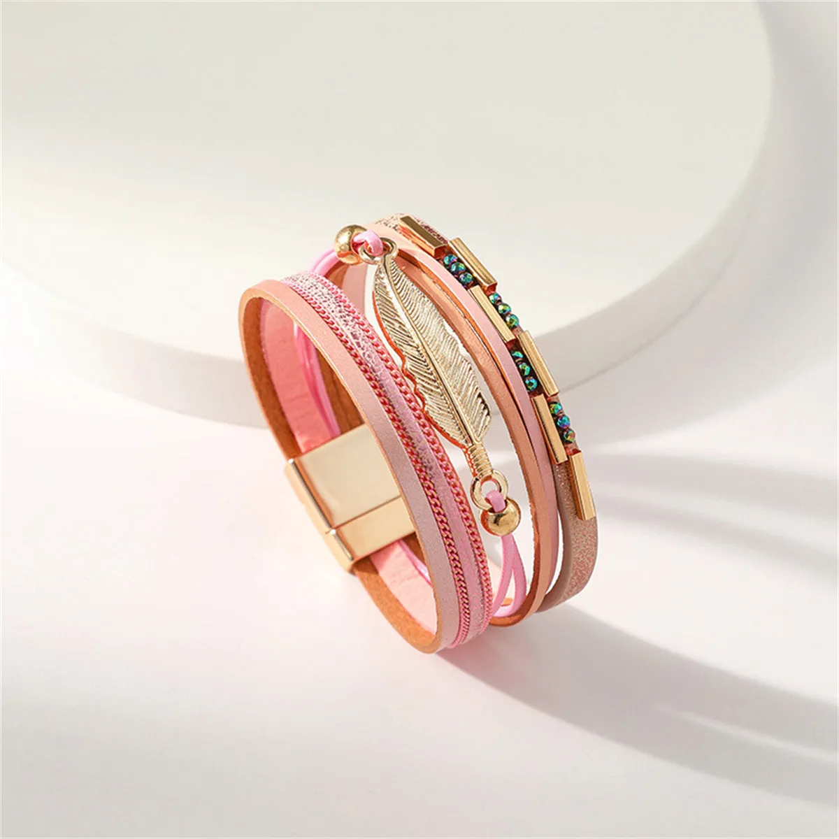 Iridescent Cubic Zirconia & Pink Feather Stacked Bracelet
