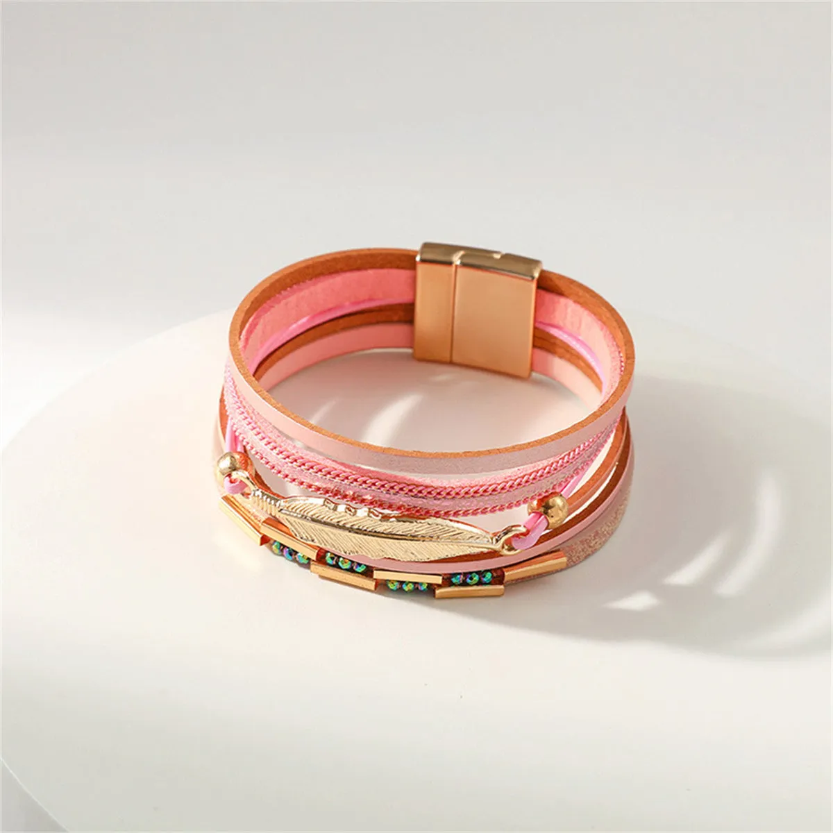 Iridescent Cubic Zirconia & Pink Feather Stacked Bracelet