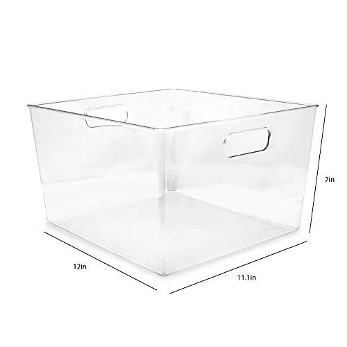 Isaac Jacobs 3-Pack XL Clear Storage Bins with Handles, Plastic Organizer for Office, Home, Kitchen, Pantry, Closet, Kids Room, Cube Shelf, Non-Slip Container Set (3-Pack, Extra-Large)