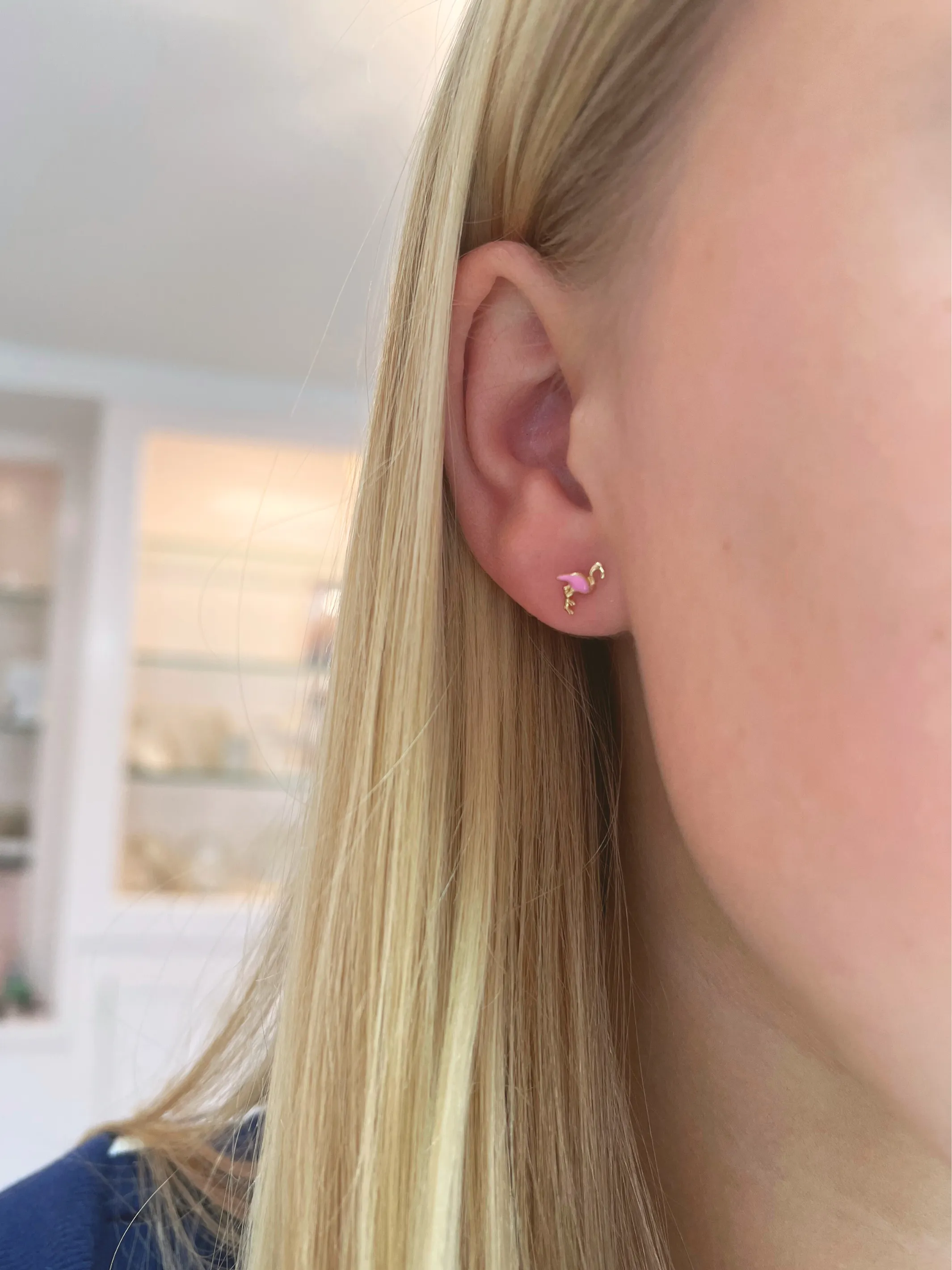 Kid Pink Flamingo Stud Earrings 14K