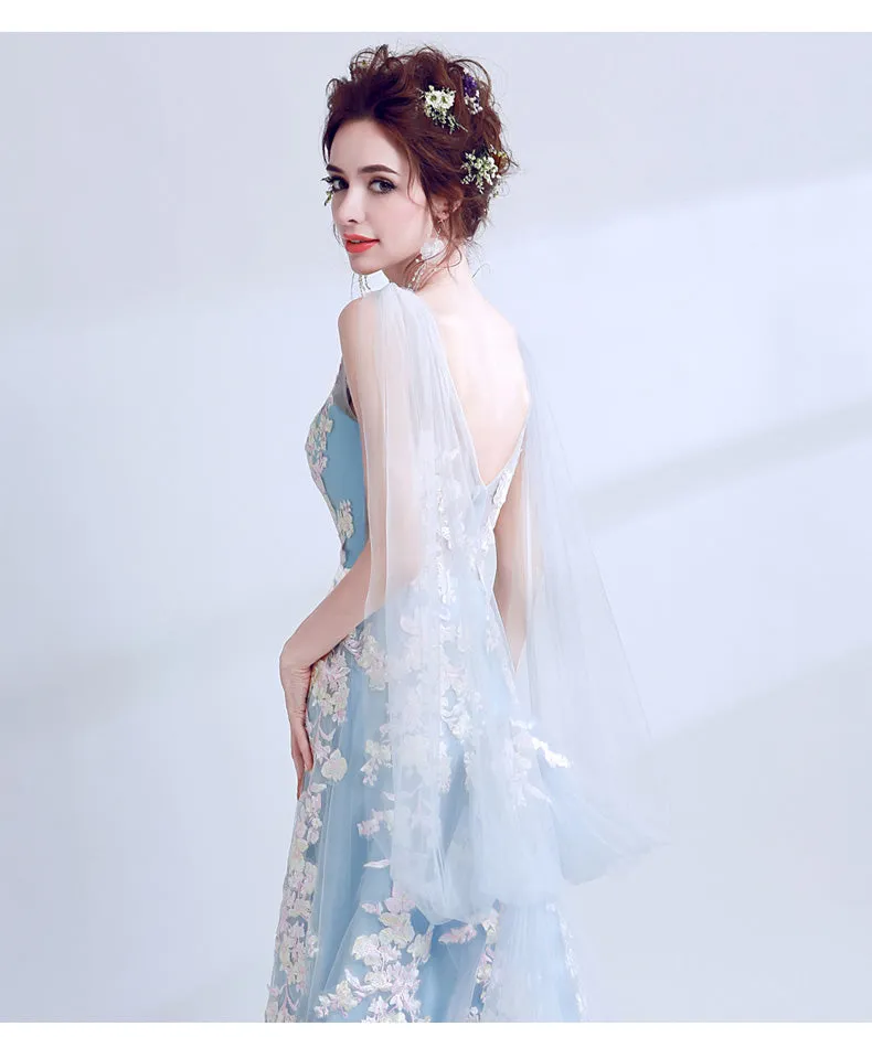Light Blue Long V Back Formal Dress with Lace Applique, Blue Prom Dresses Party Dress