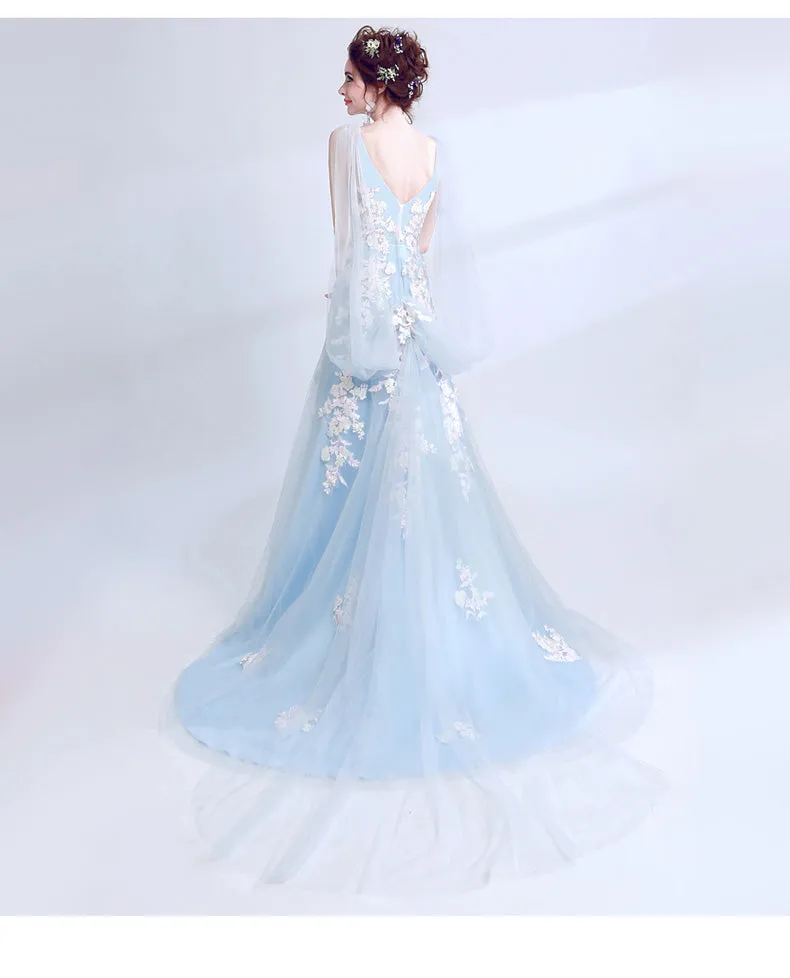 Light Blue Long V Back Formal Dress with Lace Applique, Blue Prom Dresses Party Dress