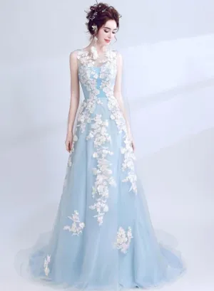 Light Blue Long V Back Formal Dress with Lace Applique, Blue Prom Dresses Party Dress